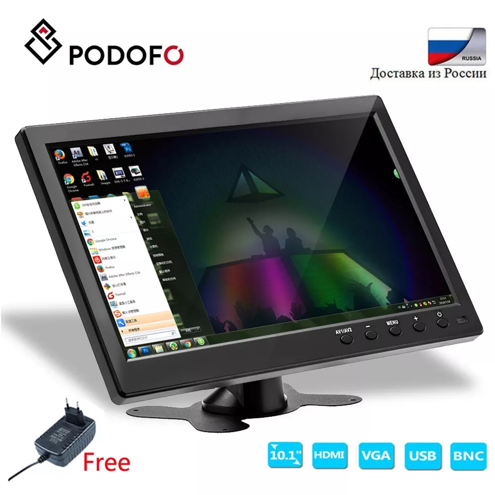 Moniteur LCD HD Podofo 10,1" et écran couleur pour ordinateur avec entrée vidéo à 2 canaux et moniteur de sécurité avec BNC / AVI / VGA / HDMI